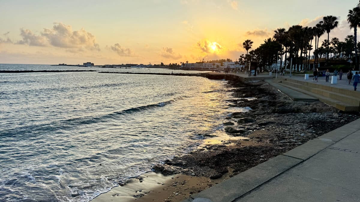 Sunset over the Mediterranean coastline near Paphos, Cyprus