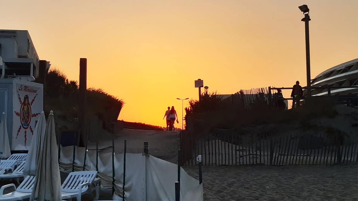 Sunset view while walking onto the Cap d’Agde naturist beach in southern France