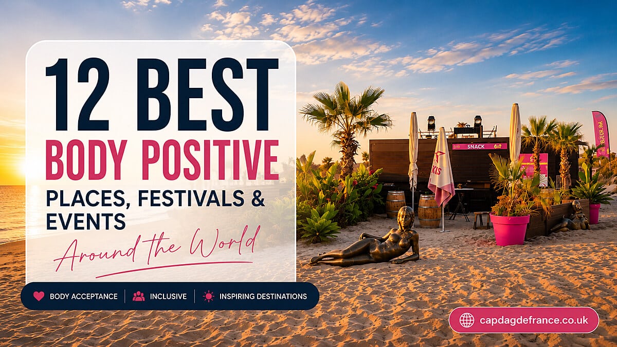 Cap d'Agde beach at sunrise with beach bar and bronze statue featured in a guide to the best body positive places, festivals and events around the world.